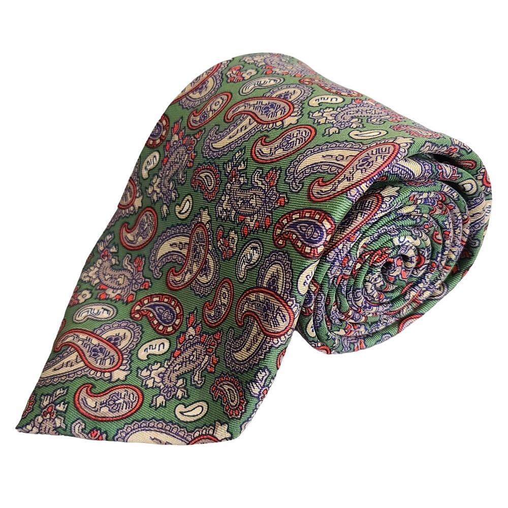 Bert Pulitzer Green Paisley Silk Necktie Handmade in England 57x3.5